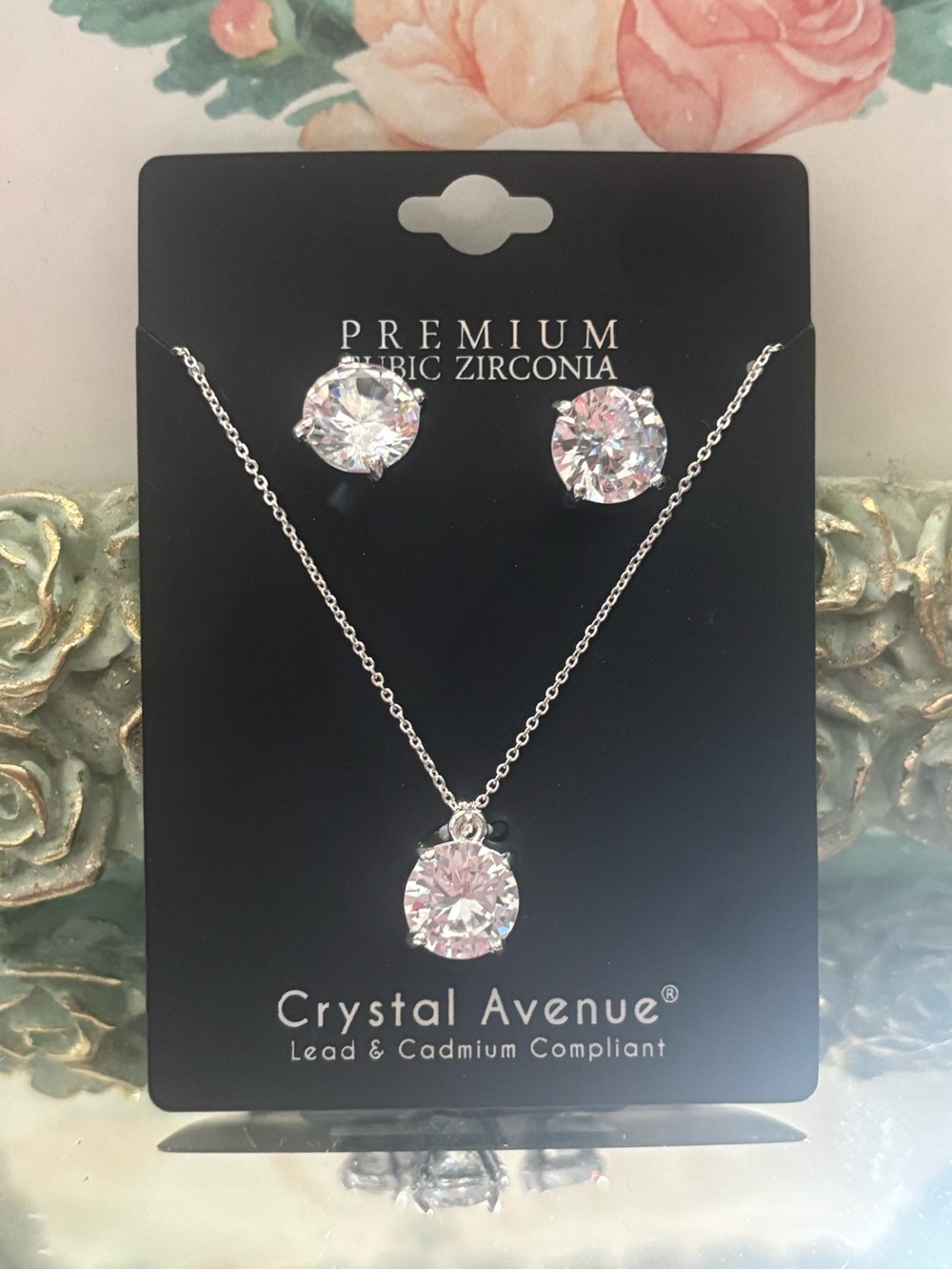 Crystal Avenue Clear Cubic Zirconia Necklace and Stud Set - Silver Tone